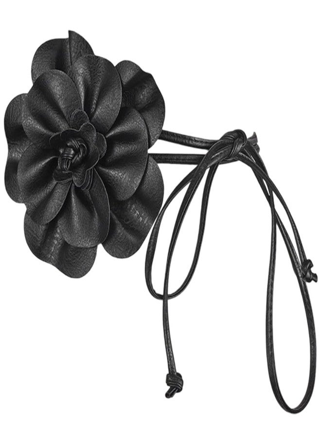 CALFOVERA 0.3 Inch PU Leather Skinny Waist Belt Black Boho Flower Leather Rope Tassel Waistband Thin Elegantes Big Flower Decor Belts Slim Waist Strap Band for Women Dress Shirts Wedding - Image 1